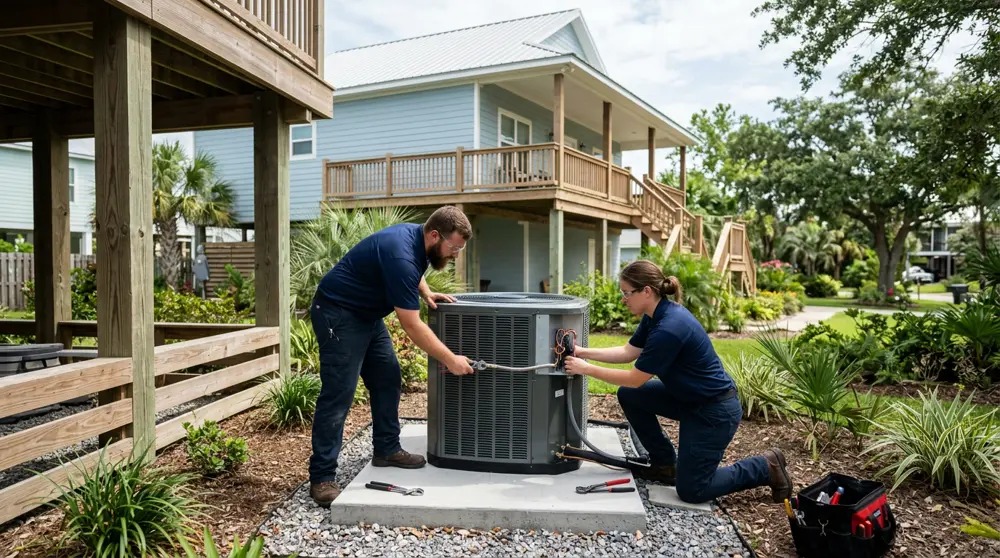 AAM HVAC technicians installing a new outdoor AC unit
